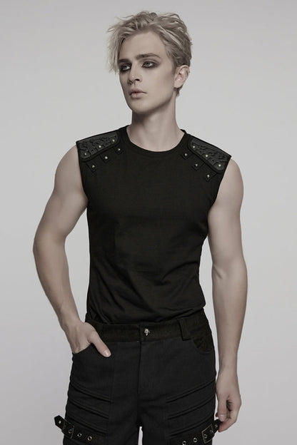 Black Round Collar Sleeveless Studded Stitching Shoulder Patched Punk Vest