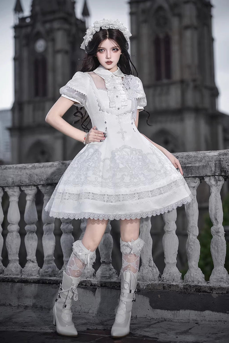 White Lapel Collar Short Sleeves Printed Ruffled Lace Classic Gothic Lolita Dress