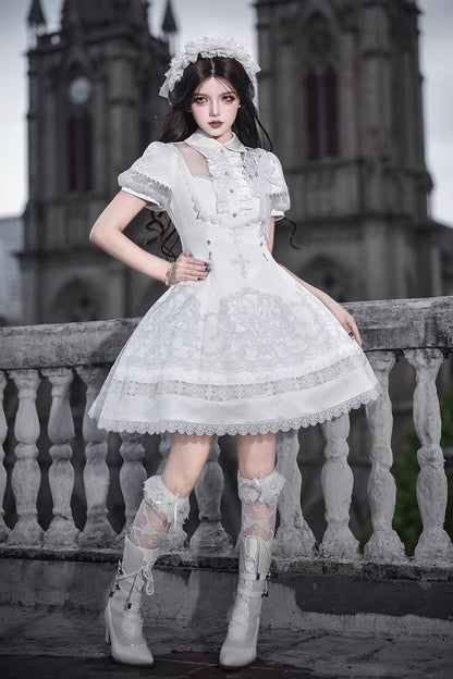 White Lapel Collar Short Sleeves Printed Ruffled Lace Classic Gothic Lolita Dress