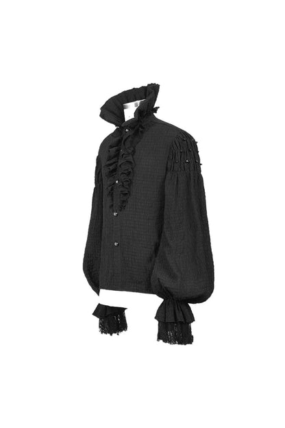 Black High Collar Chiffon Chest Frilly Beading Long Sleeve Lace Cuff Gothic Shirt