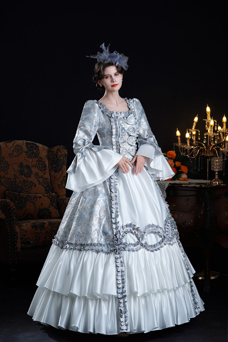 Blue Square Collar Long Trumpet Sleeves Double-layered Ruffled Embroidered Open-front Bow Classic Palace Lolita Victorian Dress