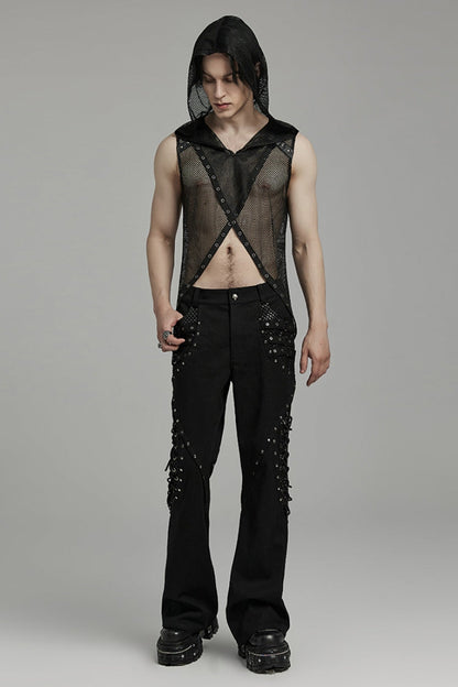 Black Sleeveless Irregular Hooded Mesh Eyelet Punk Vest