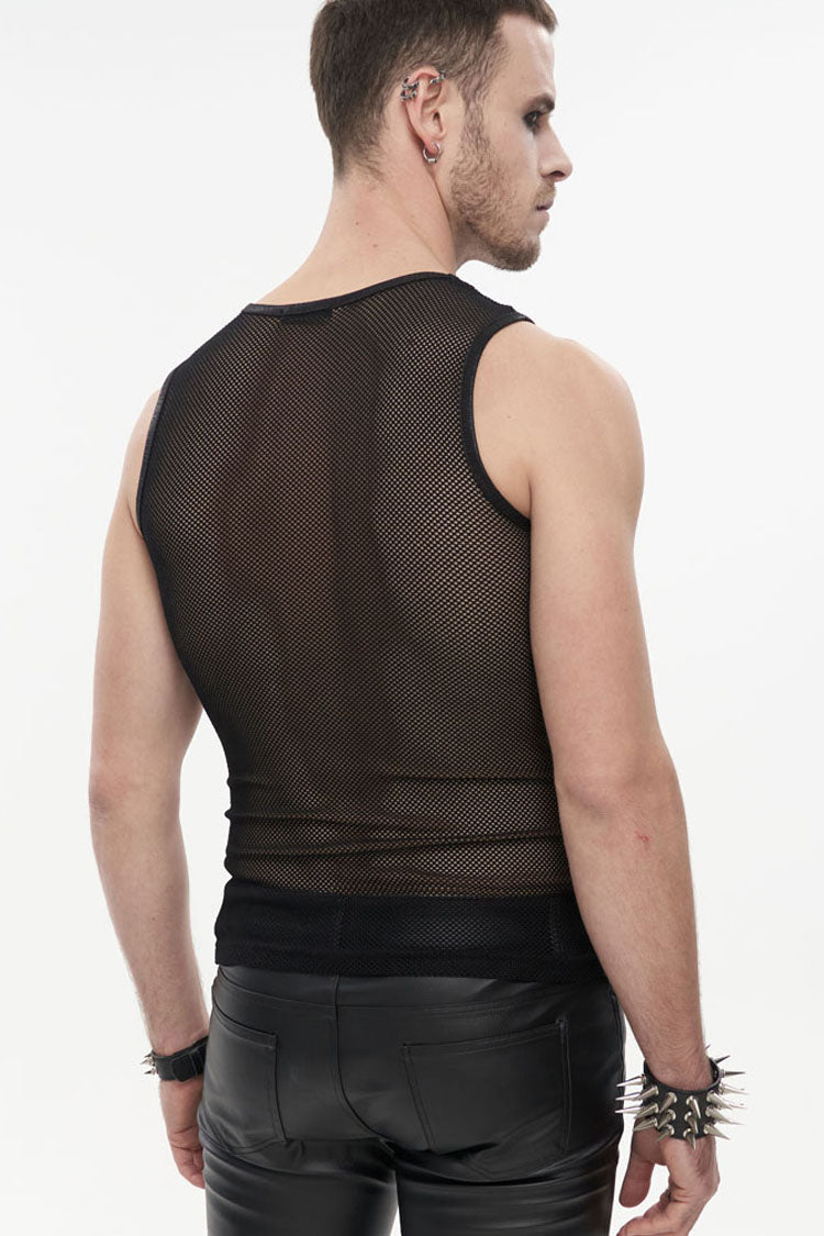 Black Gothic Elasticity Perspective Rhombus Net Yarn Sleeveles T-shirt