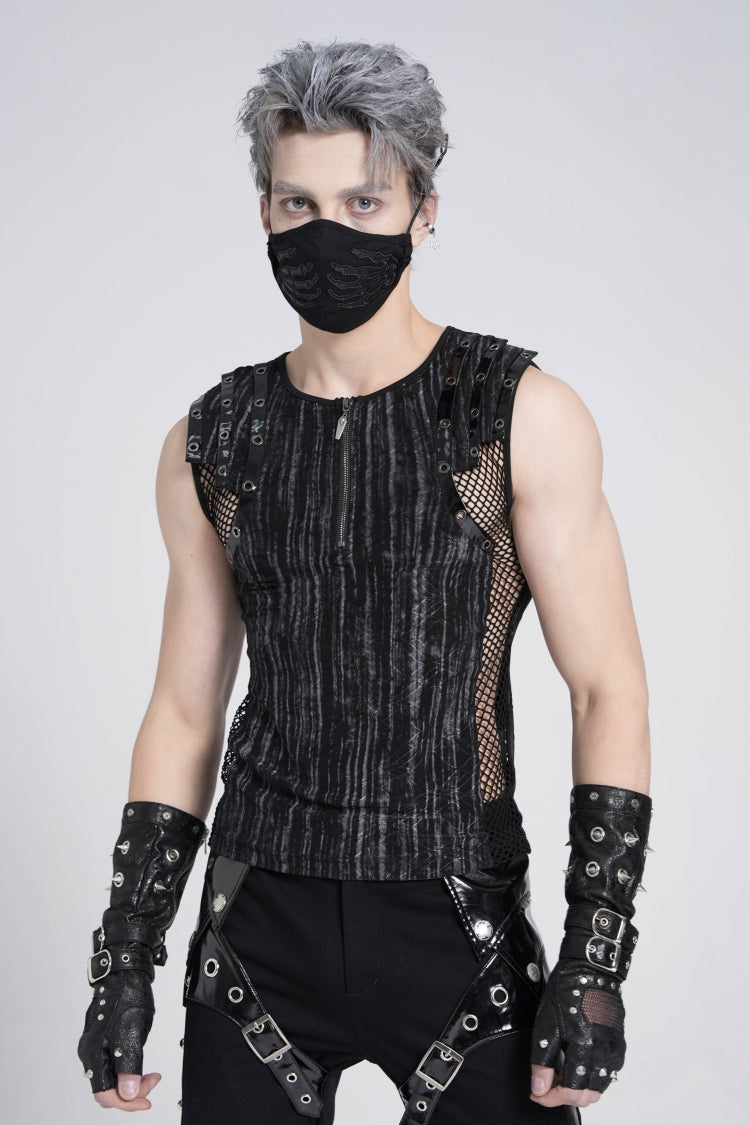 Black Sleeveless Ribbed Print Stitching Mesh Zipper Gothic Vest