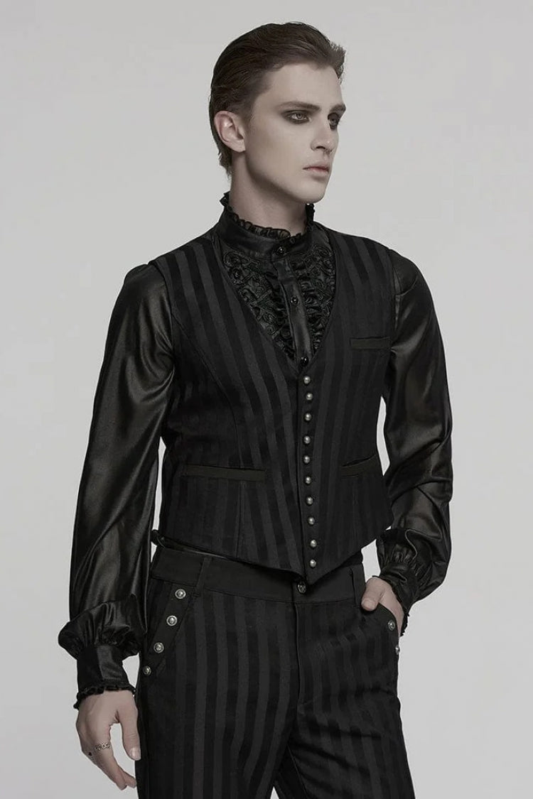Black V Collar Sleeveless Striped Print Buckle Punk Vest