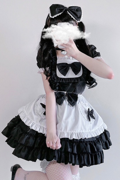 Double Ribbon Ruffle Lolita Maid Dress Set