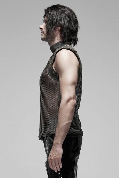 High Collar Sleeveless Rivet Decoration Sheer Mesh Steampunk Vest 2 Colors