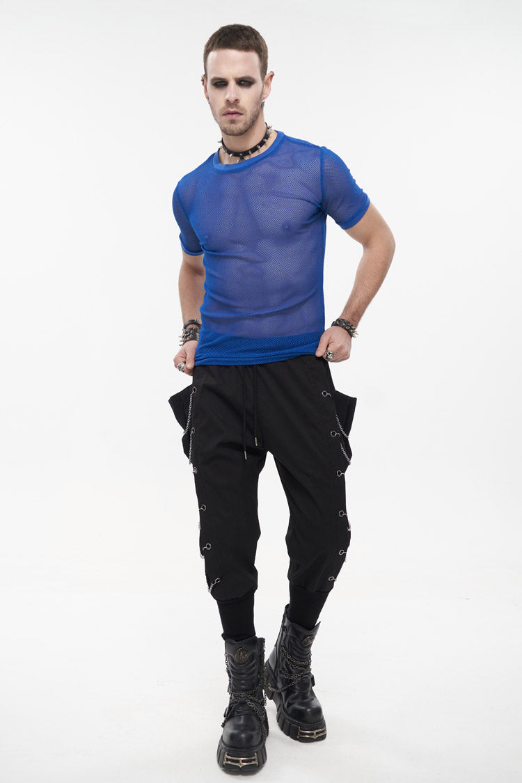 Blue Crew Neck Diamond-shaped Net Short Sleeve Gothic T-shirt