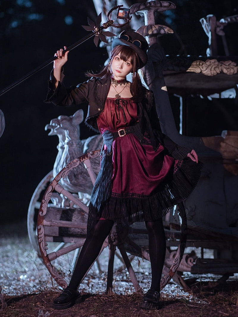 [pre-order] Wine Red Shoulder Strap Light Gothic Doll Asymmetric Dress