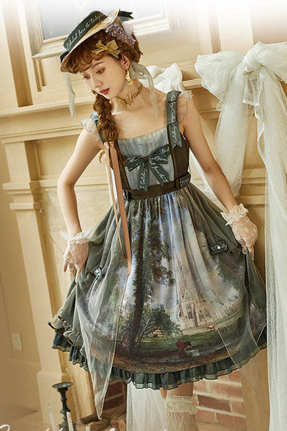Green Salisbury Cathedral Oil Painting Print Classic Lolita Jsk Dress