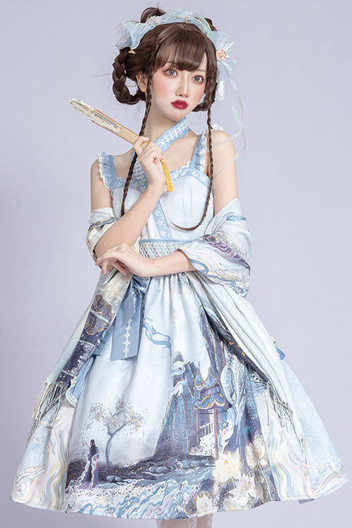 Light Blue Landscape Garden Chinese Style Print High Waisted Ruffled Classic Lolita Jsk Dress
