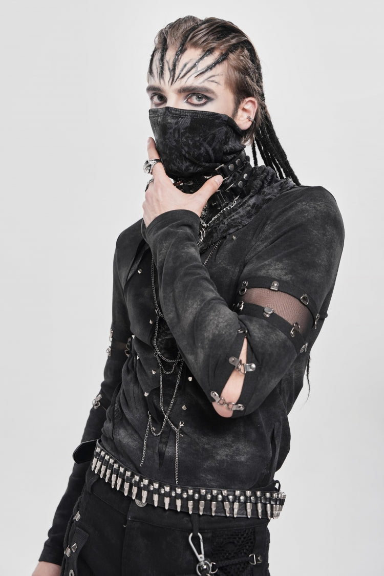 Black Long Sleeves Cutout Rivets Chain Punk Blouse