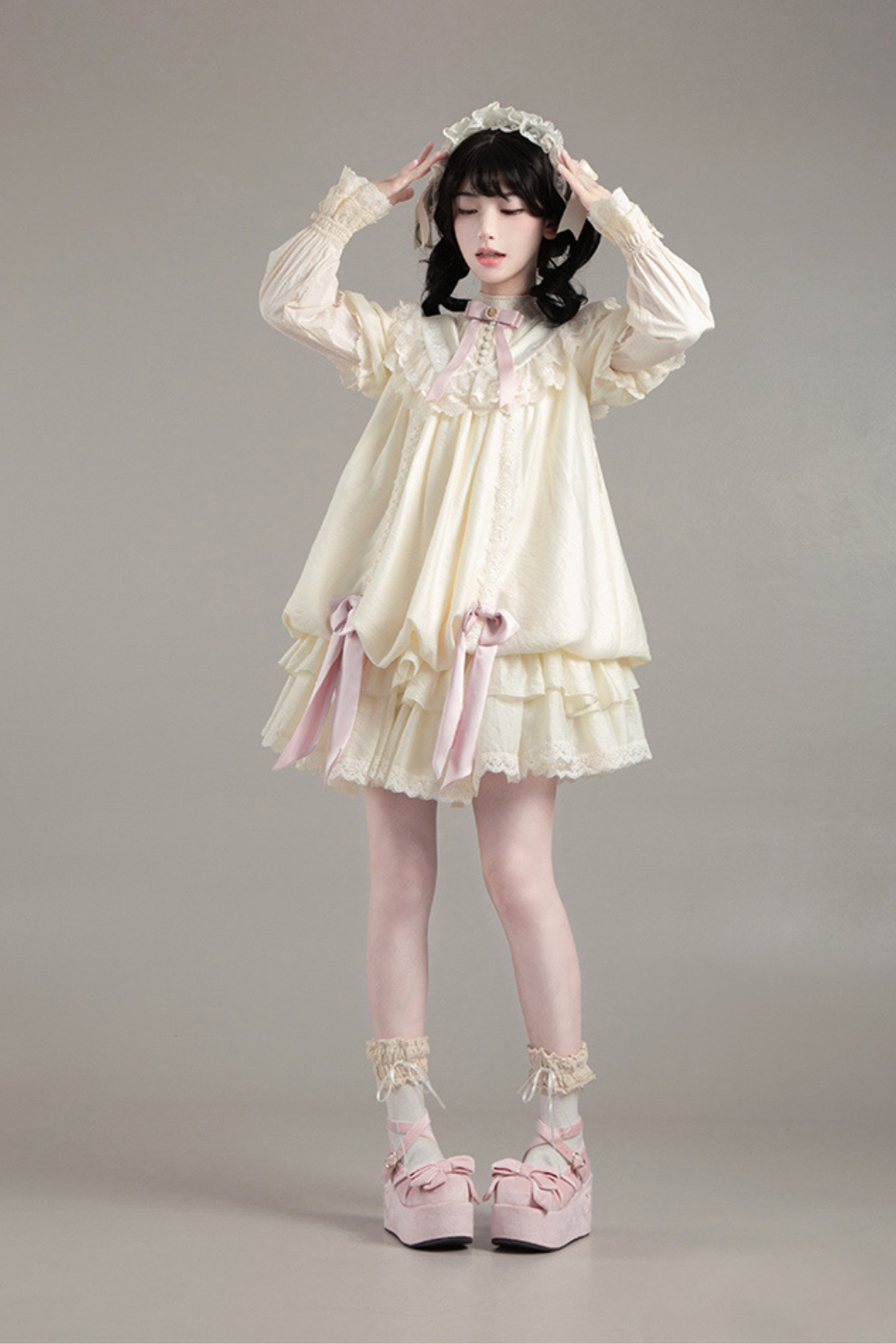[pre-order] Rose Ruffle Lolita Dress + Dress + Belt + Brooch + Ribbon + Headband + Sleeve