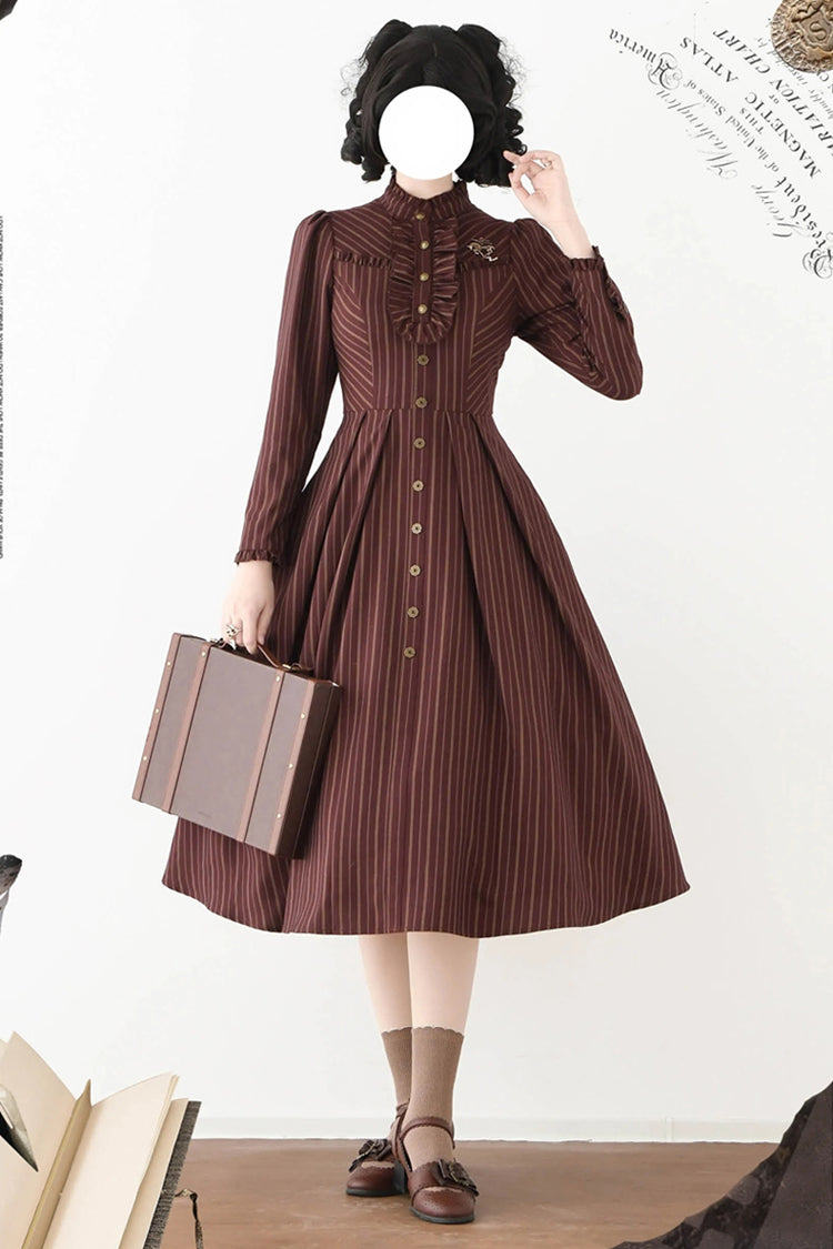[forest Castle] Stand Collar Long Sleeves Striped Printed Ruffled Classic Lolita Dress 3 Colors