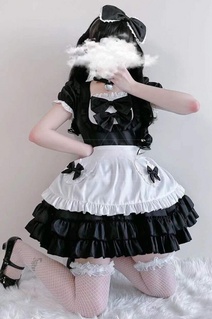 Double Ribbon Ruffle Lolita Maid Dress Set