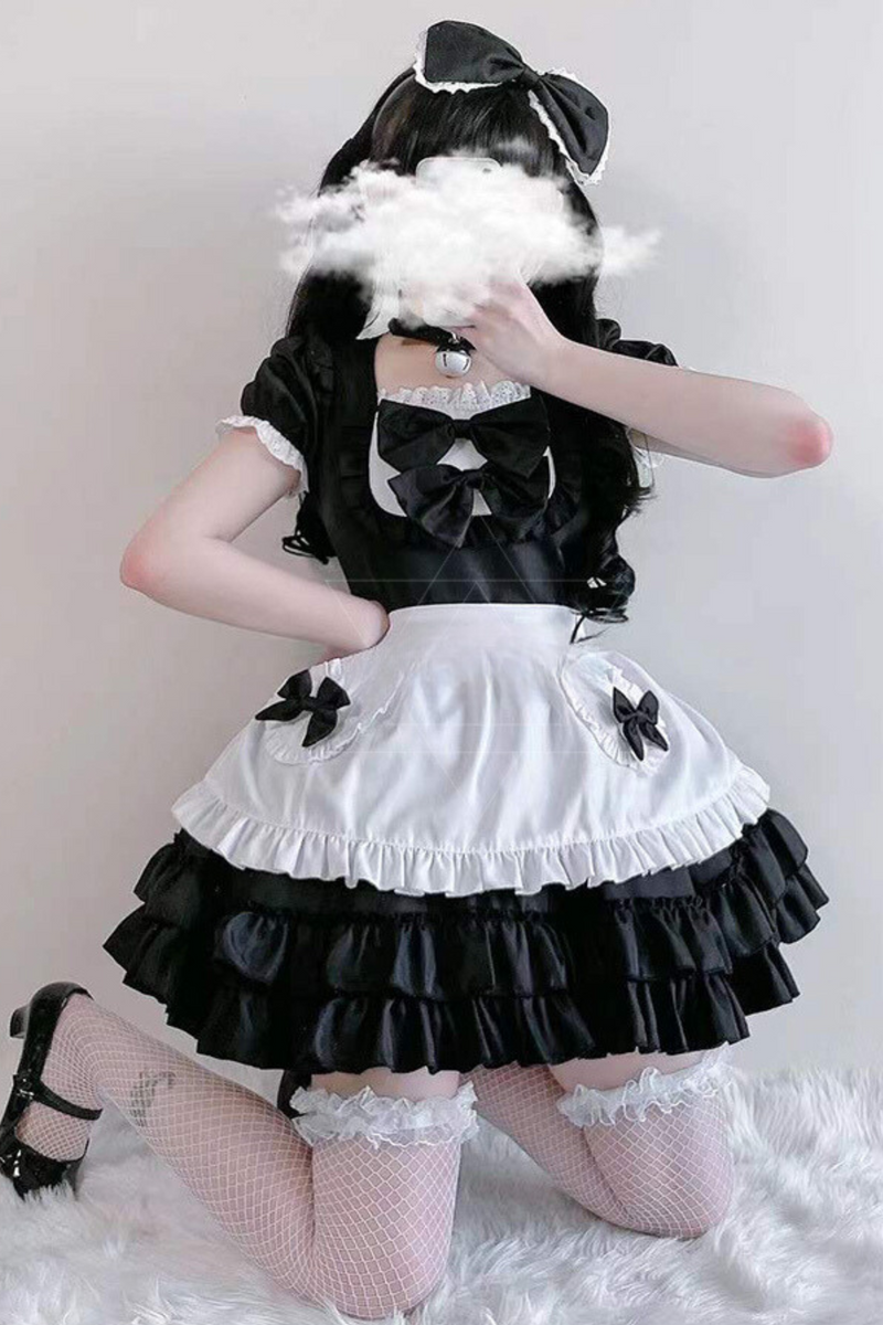 Double Ribbon Ruffle Lolita Maid Dress Set