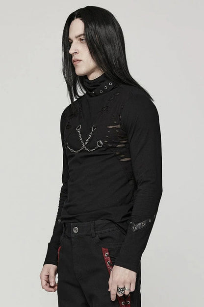 Black Stand Collar Long Sleeves Ripped Metal Chain Steampunk T-shirt
