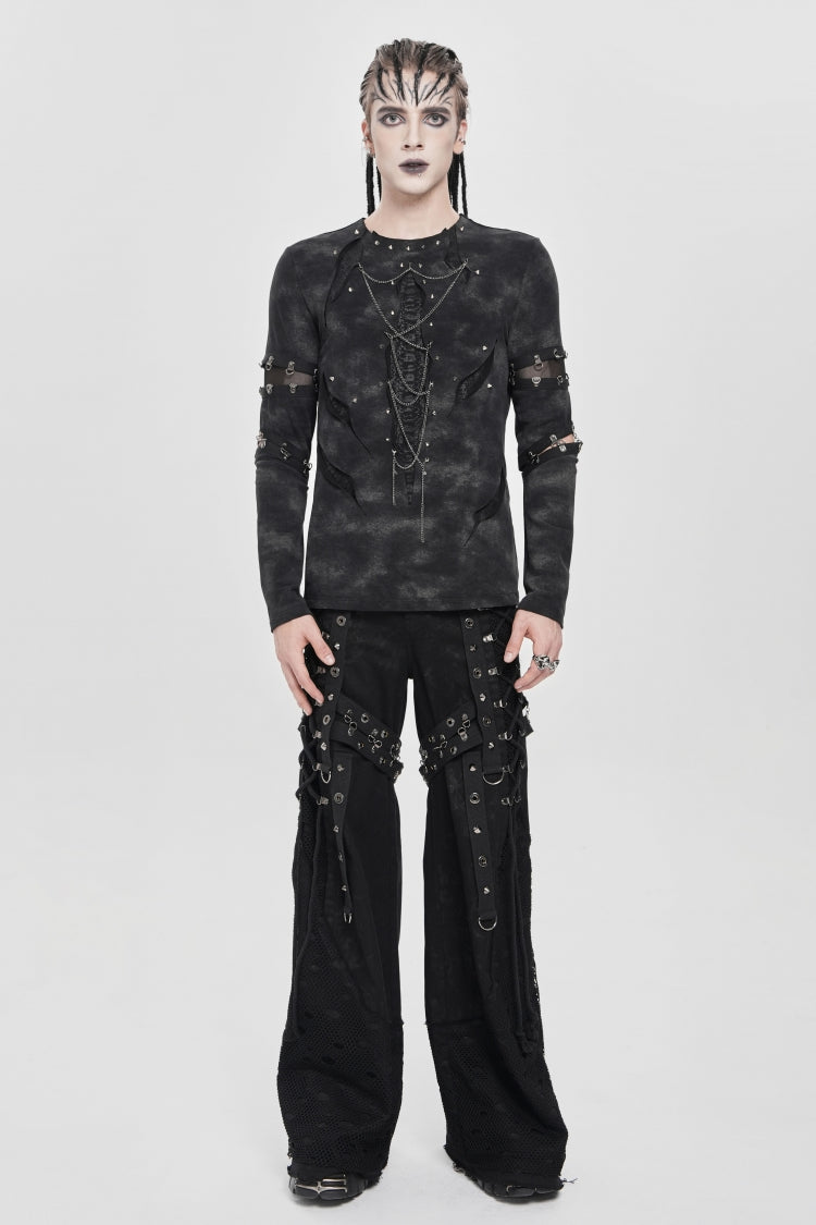 Black Long Sleeves Cutout Rivets Chain Punk Blouse