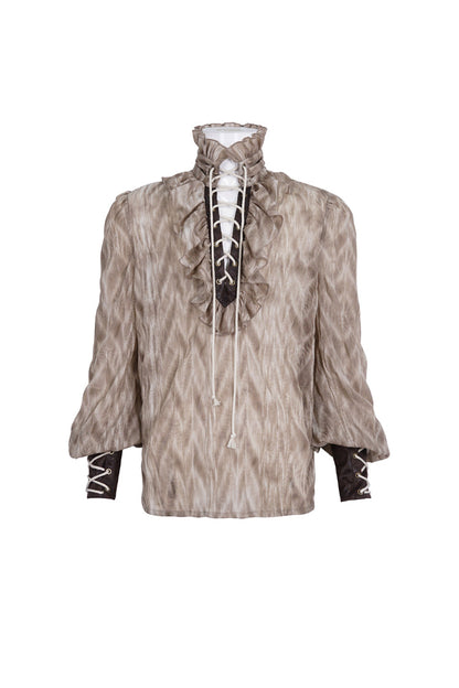 Brown Ruffle Stand Collar Print Lace-up Gothic Blouse