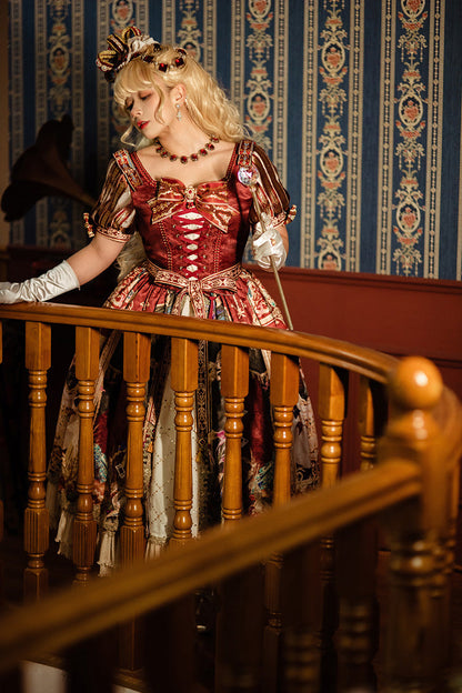Red [kaleidoscope of Dreams] Double-layered Print Embroidery Bowknot Lace-up Classic Lolita Dress