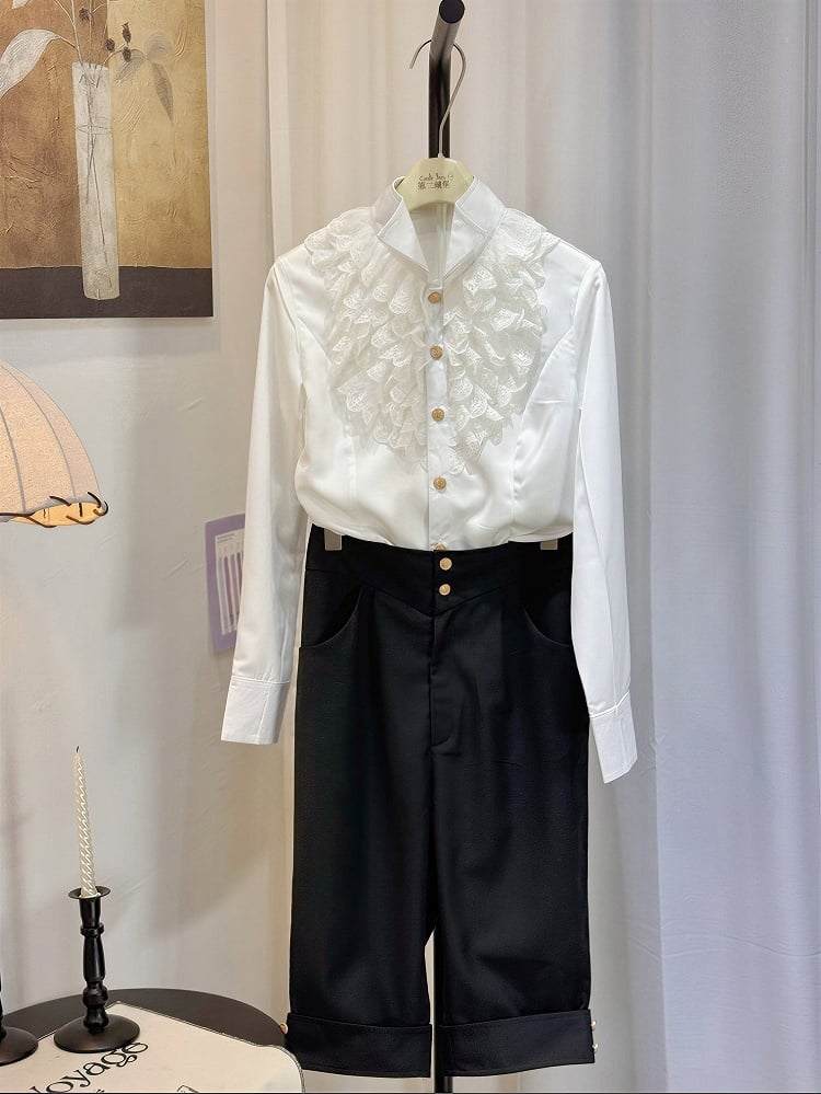 [pre-order Deadline: May 8] White Lace Ruffle High Collar Prince Shirt + Black Tailored Bermuda Shorts