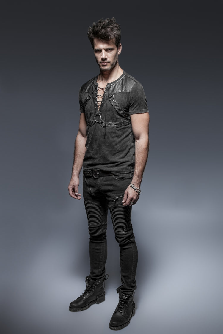 Black Lace-up Zipper Punk Blouse With Straps
