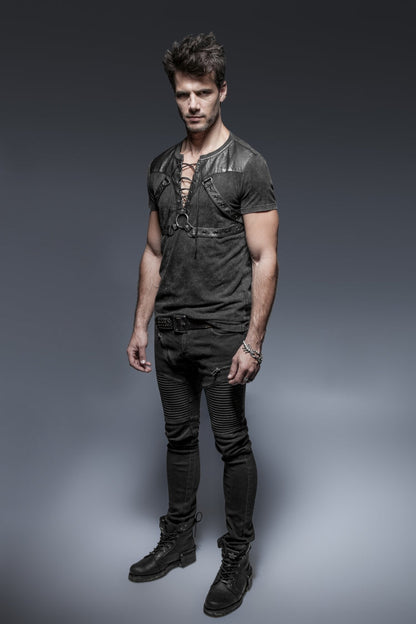 Black Lace-up Zipper Punk Blouse With Straps