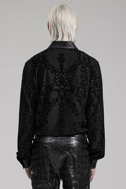 Black Print Faux Leather Stitching Skull Button Decorated Gothic Blouse