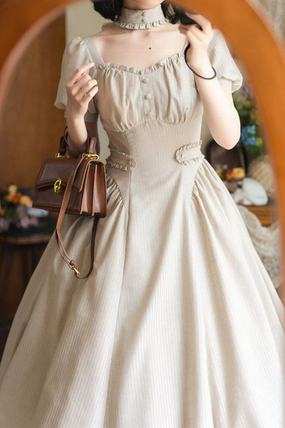 Light Khaki [chantilly Forest] Square Collar Short Sleeves Striped Printed Ruffled Classic Lolita Dress