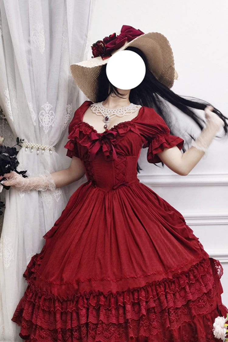 Red Short Puff Sleeves Multi-layered Ruffle Bowknot Classic Lolita Dress