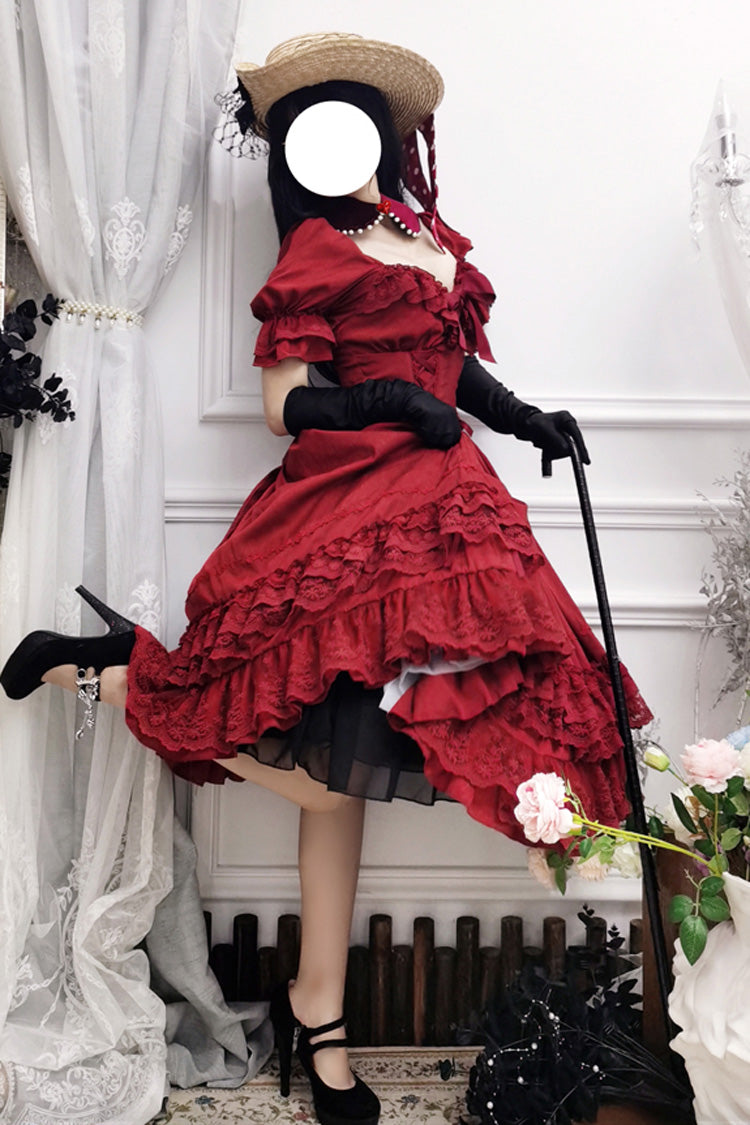 Red Short Puff Sleeves Multi-layered Ruffle Bowknot Classic Lolita Dress