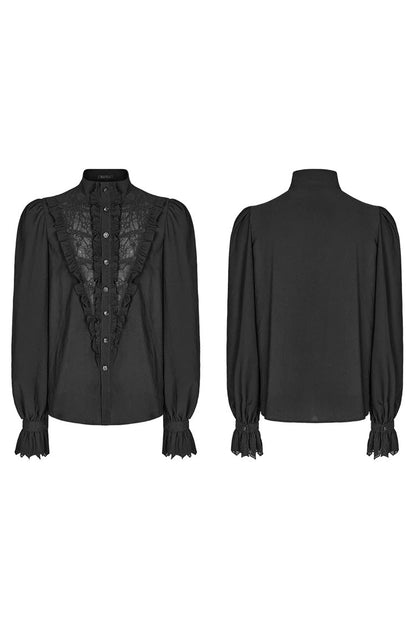 Black Stand Collar Ruffle Webbing Embellishment Gothic Blouse