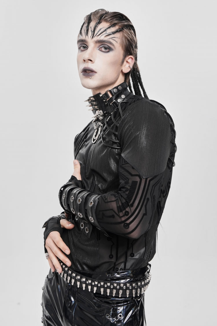 Black Long Sleeves Circuit Board Print Punk Blouse