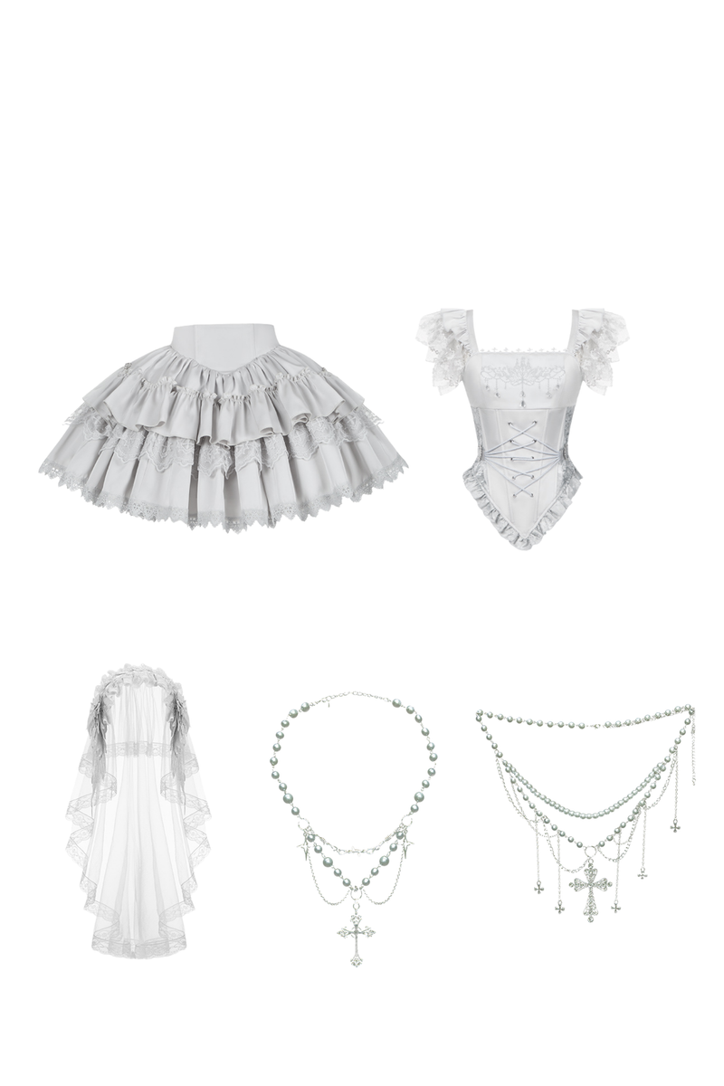 Gothic Lolita Skirt + Corset + Veil + Necklace + Waist Chain