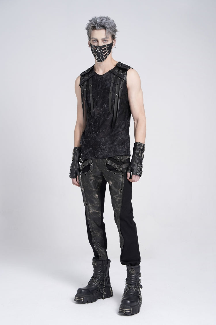 Black Sleeveless Eyelet Strap Distressed Gothic Vest