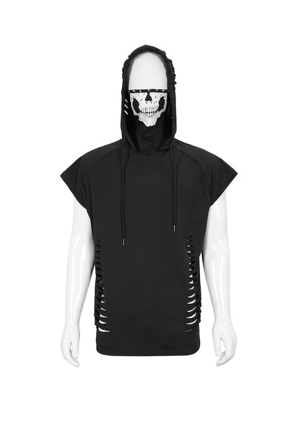 Black Skull Print Super High Neck Masked Rivet Hole Hooded Short Sleeve Punk T-shirt