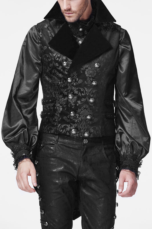Black Double-breasted Swallowtail Hem Print Gothic Vest
