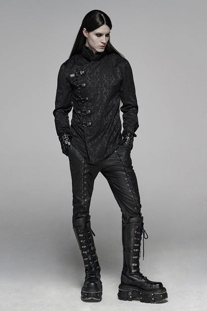 Black Stand Collar Long Sleeves Print Buckle Punk Blouse