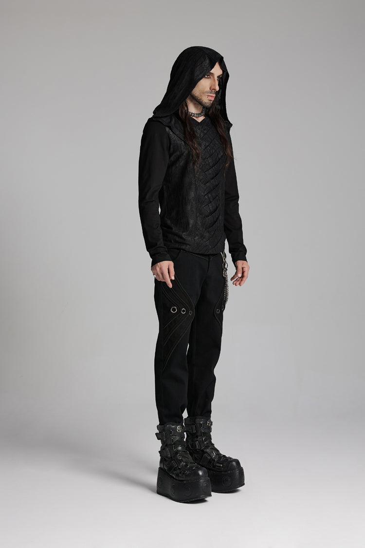 Black V Collar Long Sleeves Hooded Overlaping Mesh Punk T-shirt