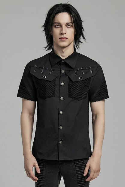 Black Lapel Collar Short Sleeves Mesh Stitching Punk Blouse