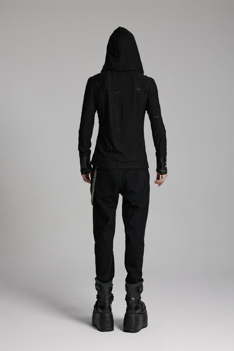 Black Long Sleeves Lace-up Hooded Studs Eyelets Punk T-shirt