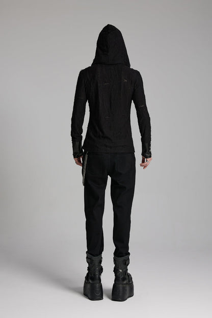 Black Long Sleeves Lace-up Hooded Studs Eyelets Punk T-shirt