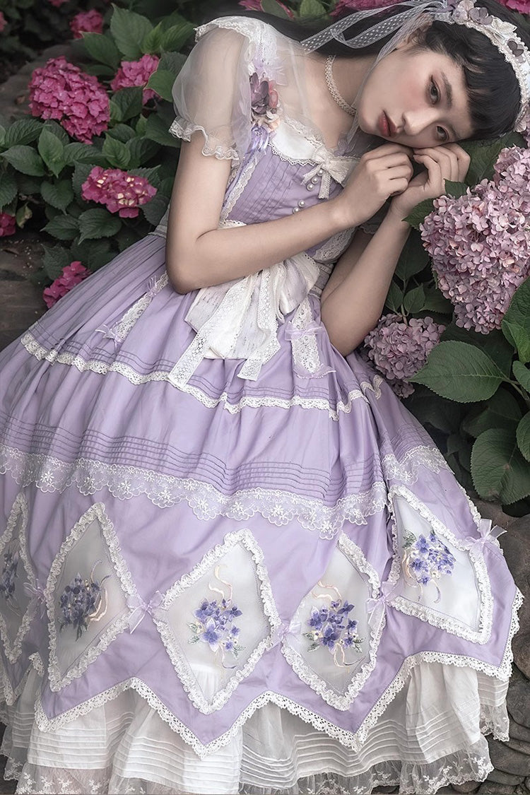 Purple Print Ruffle Embroidery Bowknot Classic Lolita Dress