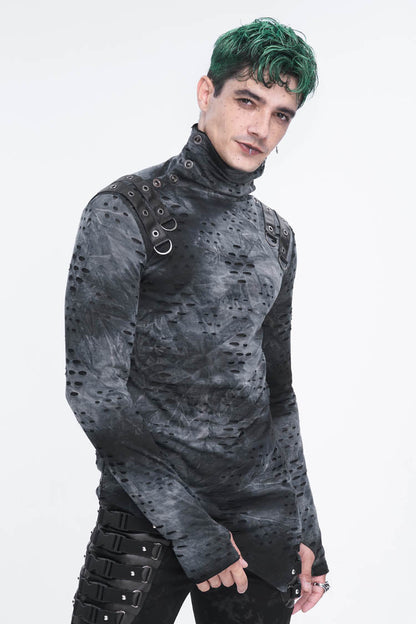 Grey/black Lrregular Ripped Stand Collar Punk Shirt