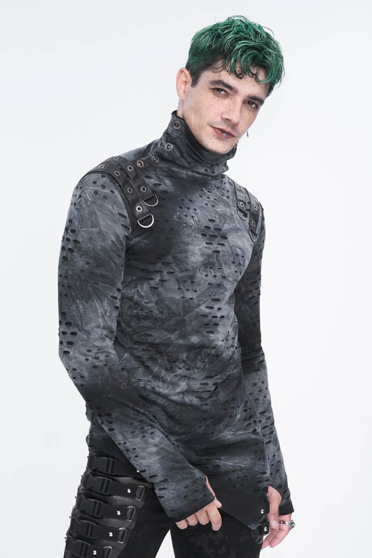 Grey/black Lrregular Ripped Stand Collar Punk Shirt