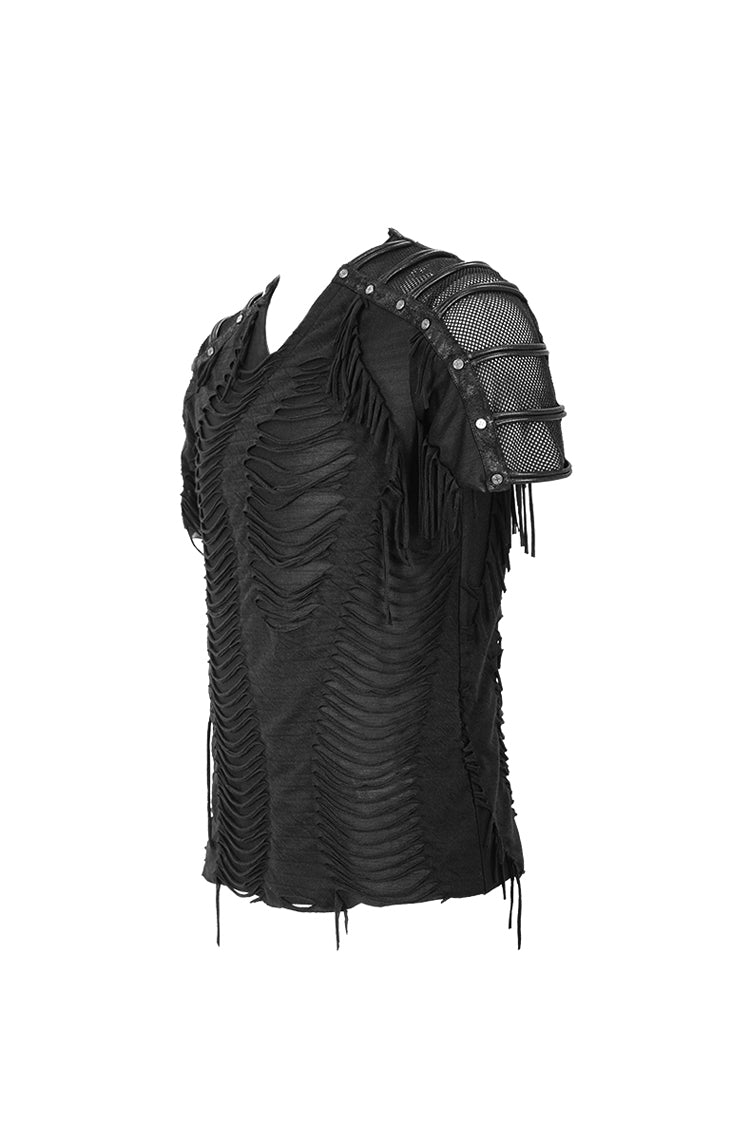 Black Tattered Striped Shoulder Splice Mesh Short Sleeve Punk T-shirt