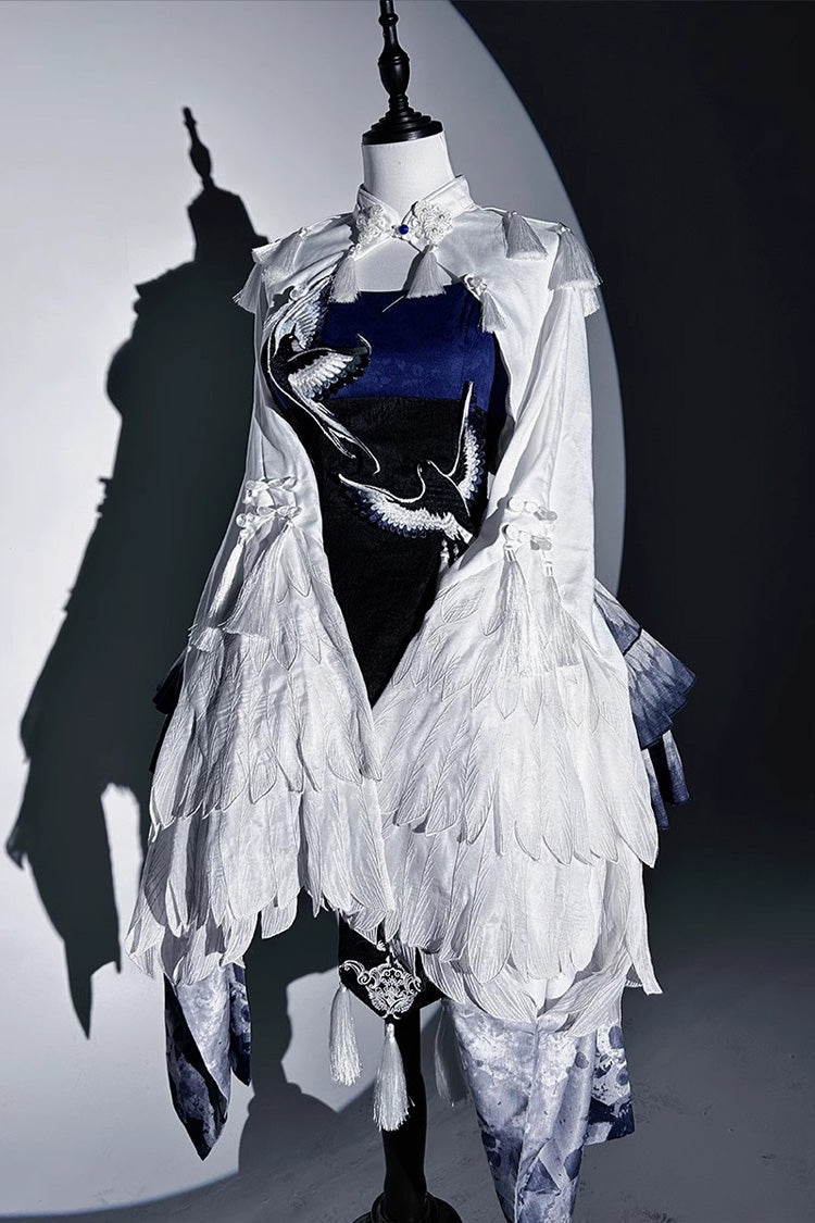 Dark Blue [feathered Finch] Multi-layered Print Ruffle Classic Chinese Style Lolita Jsk Dress Set