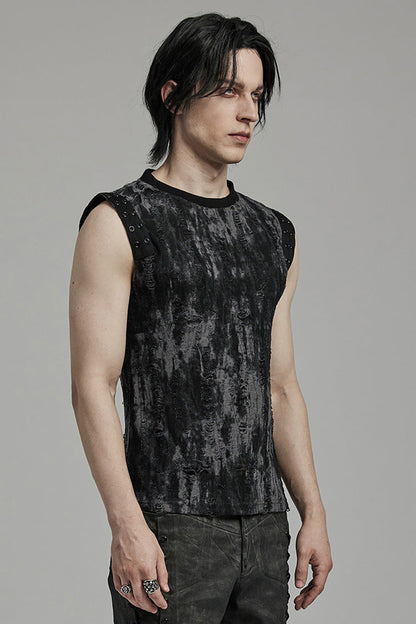 Black/grey Round Collar Sleeveless Print Ripped Distressed Eyelet Gothic Tank Top