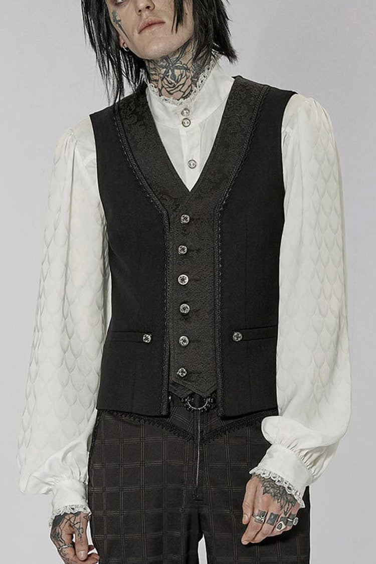 Black Punk Jacquard V-neck Stitching Three Dimensional Engraving Hand Sewn Button Lace Short Vest