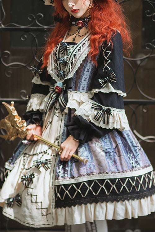 Multi-color Ruffled Sleeve Retro Printed High Waist Classic Lolita Op Dress